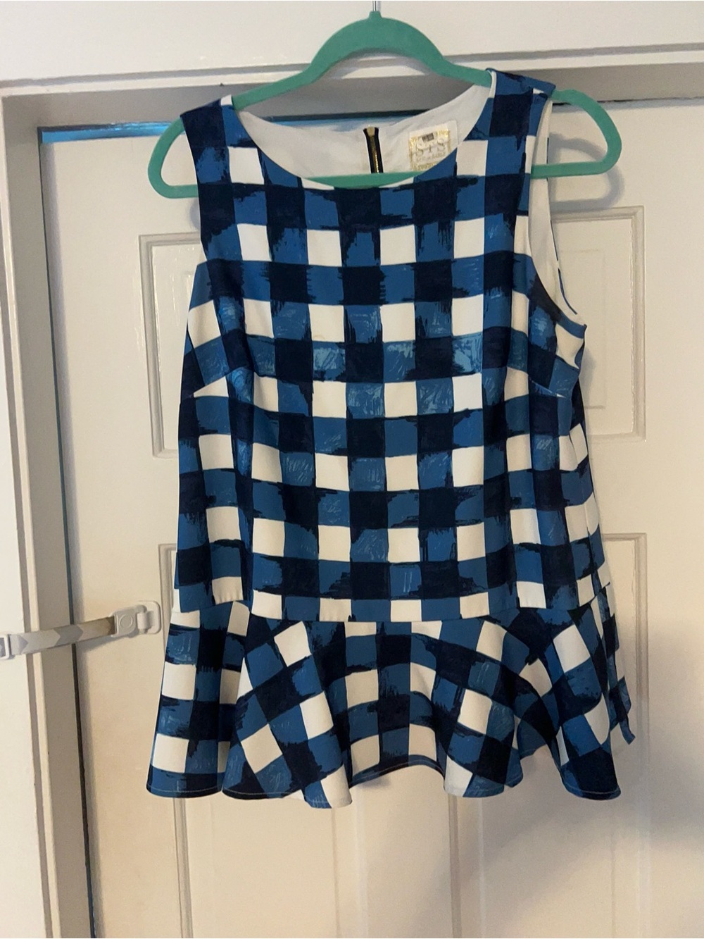 Sail to Sable Blue and White Check Peplum Tank Top
